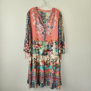 John Mark Dress Women's 1X Orange Floral Ruffle Artisan Prairie Cottagecore Boho